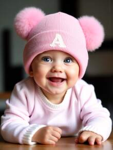 1 件刺绣个性化婴儿针织帽幼儿儿童 26 个字母无檐小便帽工艺女婴骷髅帽适合婴幼儿女孩日常佩戴 0-3 岁 - 粉色 - 查看 3