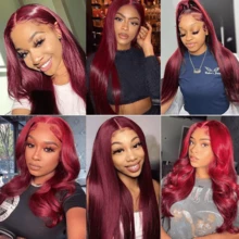 Uveous 99J Red Pre Plucked Lace Front Human Hair Wigs Colored Brazilian Straight Burgundy 13x4 13x6 Transparent Lace Frontal Closure Wig  Red Lace Frontal Wig For Women  With Baby Hair Halloween Season - S99J - 查看 8