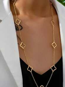 1pc 2025 New Minimalist Long Hollow Four-Leaf Clover Necklace, Elegant Gold Lucky Grass Chain Necklace For Women