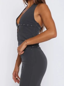 Women Halter Top, Sleeveless Tops Backless Hollowed Slim Summer Vest For Club Party - 灰色 - 查看 4