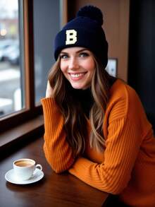 1pc Unisex A-Z Letter Knit Beanie Hat, Personalized Versatile Winter Knit Cap, Suitable For Autumn/Winter Daily Wear - Navy Blue - View 3