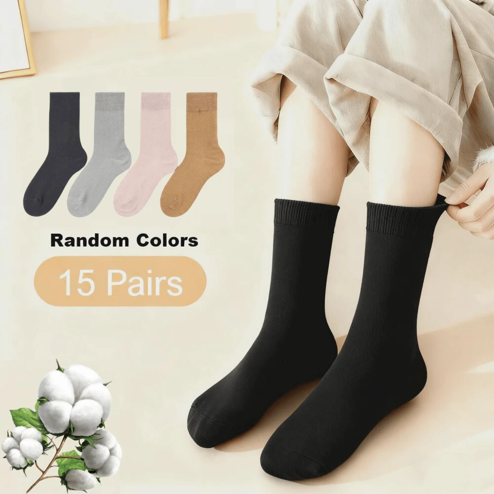 15 pares de calcetines de algodón de color liso, cálidos y absorbentes, ideales para el invierno, ideales para el frío (colores aleatorios, tallas 35-40). - C - Ver 1