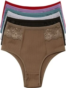 Kit 6 Women's Ribbed Panties Comfortable Basic Lingerie With Lace Cotton Lining Panties - Multicolor - View 1