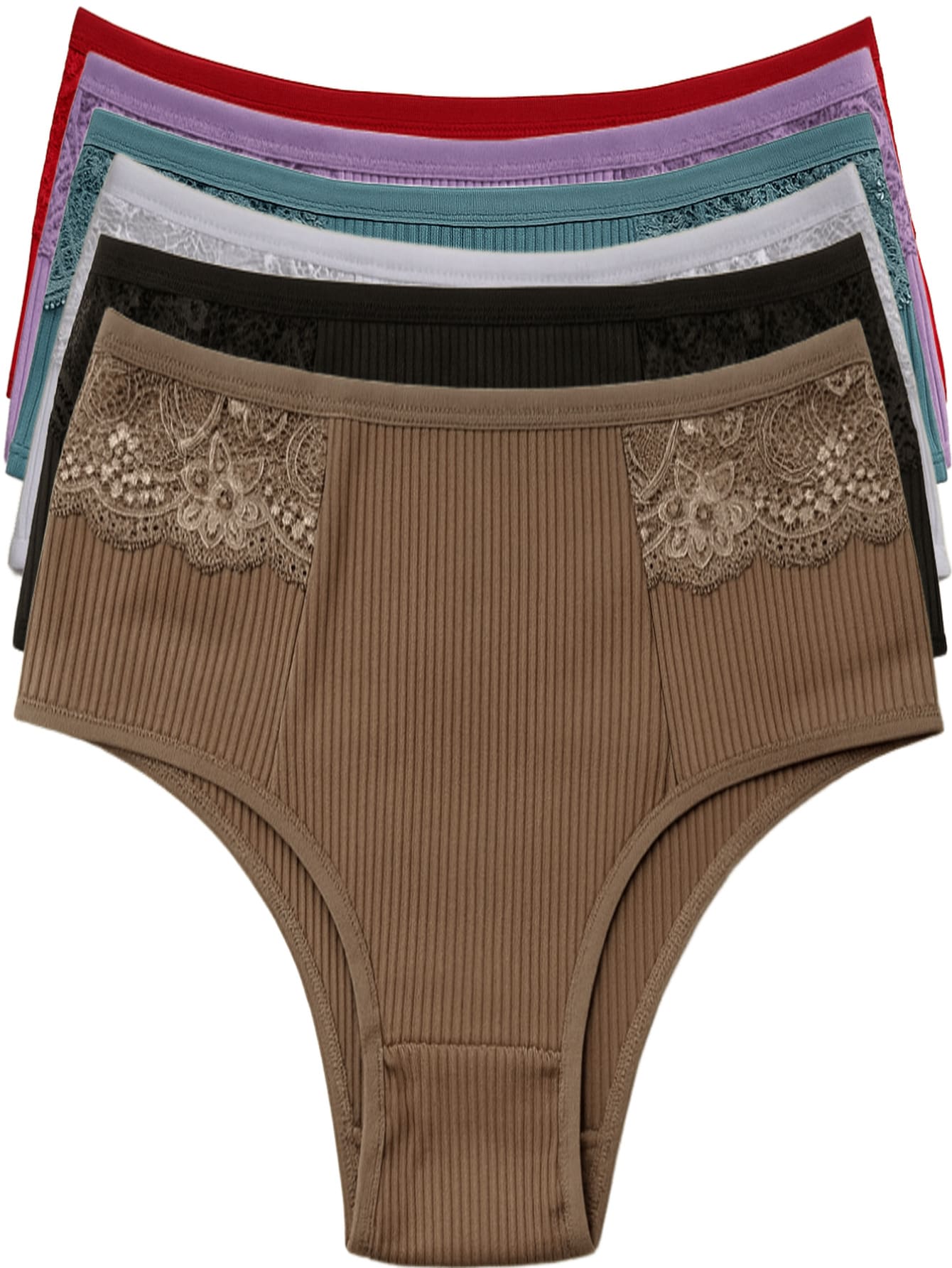 Kit 6 Women's Ribbed Panties Comfortable Basic Lingerie With Lace Cotton Lining Panties - Multicolor - View 1