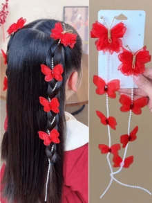 2PCS Chinese Red Christmas Bow Braided Hair Chain Girl's Bow Hair Clip Princess Hair Accessories Retro Pearl Tassel Hair Clip Children's Hair Accessories (Paper Card Display)