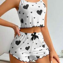 Women's Blogger Summer Ribbed Sexy Cute Heart Thin Strap Babydoll Pajama Set - Đen và trắng - Xem 4