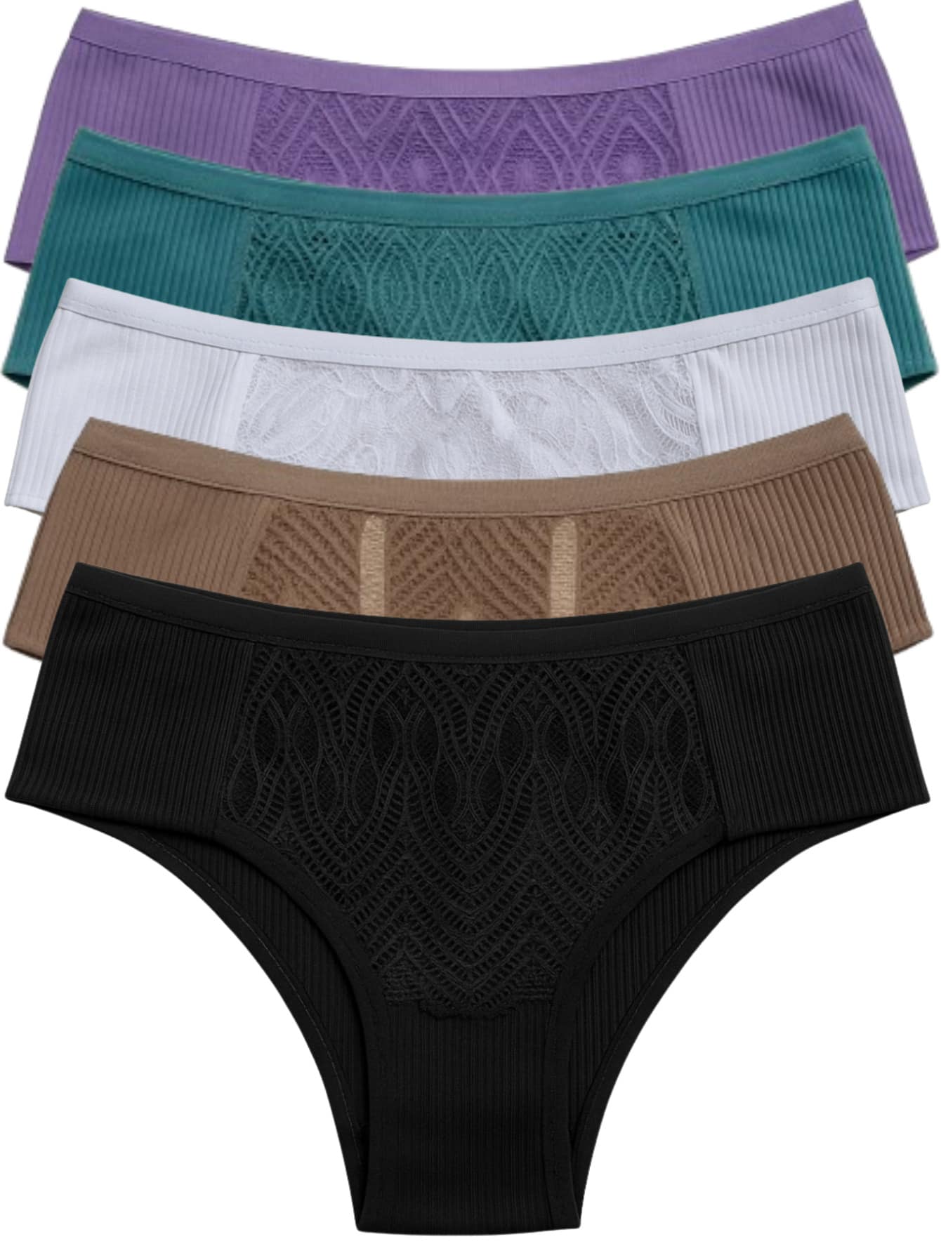 Women's Panty Kit 5 Units Comfortable Ribbed Fabric With Lace Double Padding Basic Lingerie - Multicolor - View 1