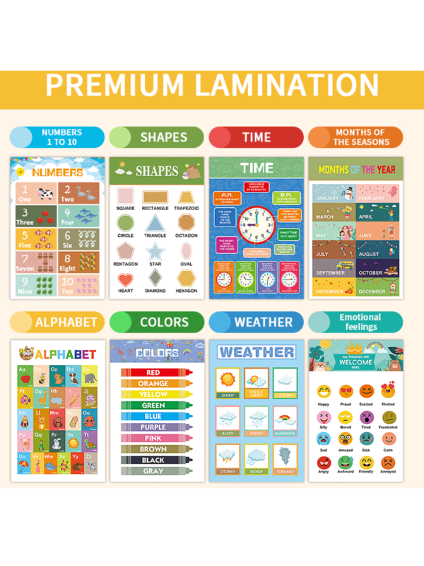 12pcs English Children's Learning Early Education Posters, Pinyin Letters, Mathematics, Weather, Time, Learning Charts