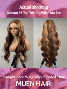 200% 密度挑染假发，真人发混纺，渐变色波浪卷蕾丝前假发，34 英寸（13x4）高清透明蜜金色波浪卷蕾丝前假发，P4/27 色蜜金色波浪卷蕾丝假发，5x5 预剪裁，即戴即用，无需胶水，预先拔毛，自然发际线带婴儿发。