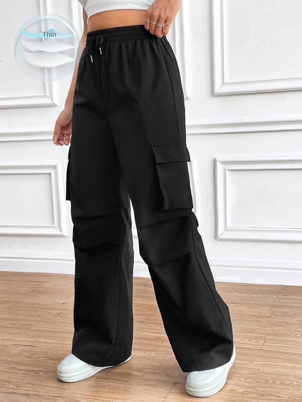 Women'S Drawstring Wrinkle Design Cargo Pants Casual Loose Fit Wide Leg Cloth For Women