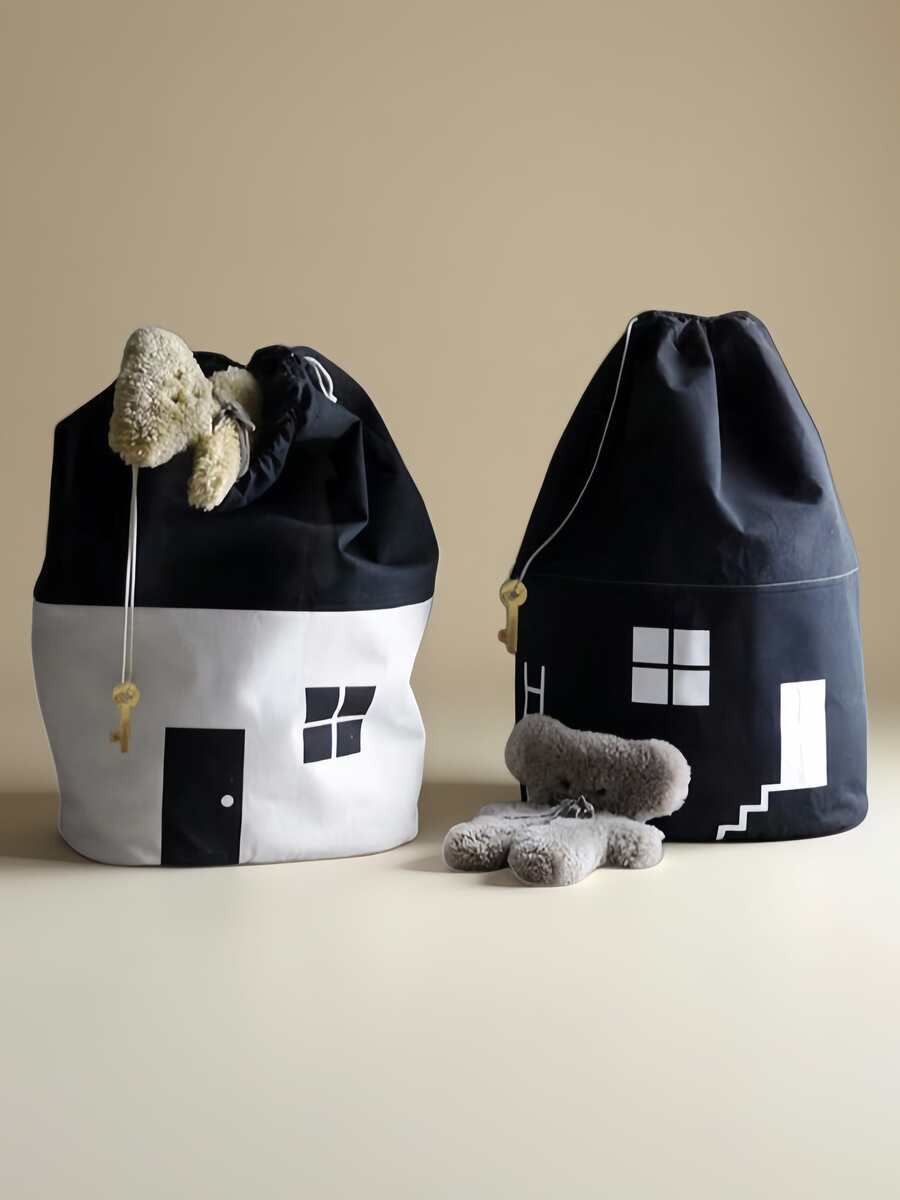 Joivida 1 Stück kleine Haus-förmige Kordelzug Aufbewahrungstasche, schwarz und weiß, aus reiner Baumwollcanvas gefertigt, geeignet für Spielzeug Dekoration und Aufbewahrung