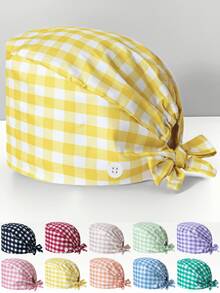 1 pezzo Cappellino da lavoro in poliestere per donne, con scollo a V, stampa digitale a quadri colorati, adatto per medici, infermieri, saloni di bellezza, ospedali veterinari e addetti alle pulizie, antibatterico e anti-polvere - Multicolore - Visualizzare 7