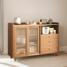 Scandinavian Style Sideboard with Ribbed Glass Doors & Drawers, 100*36*93cm Buffet Cabinet for Dining/Living Room (Oak Color) - Color de madera - Ver 1