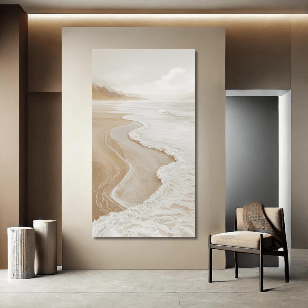 1 pictură modernă pe perete, superb Art Deco bej, imprimare abstractă pe pânză - design Wabi-Sabi cu valuri, imprimare abstractă cu peisaj de pe țărmul mării, pictură murală pentru intrarea pe hol - artă murală cu scenă de plajă, înrămată sau neînrămată, decor cameră, Ecor, decor modern pentru apartamente din căminul universitar, cadouri pentru decorarea pereților în hotel, casă, living, dormitor, baie și birou