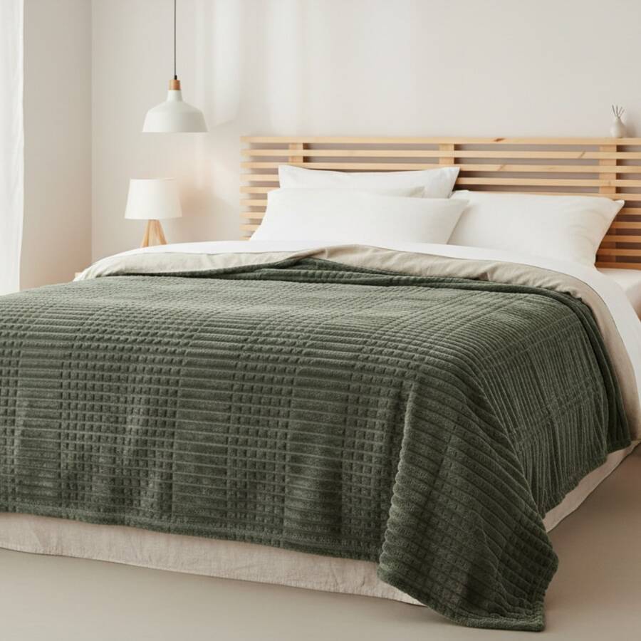 Liss 2 Habitat Anti-Allergic Soft Velvety Ribbed Blanket Queen And King Size Double Blanket - Verde - Ver 1