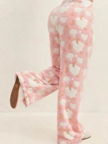 Plus Size Women's Autumn/Winter Flannel Thick Cloud Pattern Drawstring Waist Wide Leg Pants, Suitable For Outerwear, Sportswear, Casual, Loungewear - Coral Pink - View 2