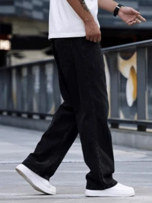 1件 Justice Brother 休闲街头风韩版修身水洗黑色直筒牛仔裤，百搭宽松版型，大码男款，四季皆宜