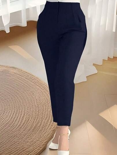 Women's Autumn Waist-Cinched Slim-Fit Ankle-Length Commuter Pants, Knitted Fabric, Fitted Cropped Pants With Zipper And Pockets, Medium Stretch, Perfect For Autumn/Winter Season, Navy Blue, Back To School, Collegiate