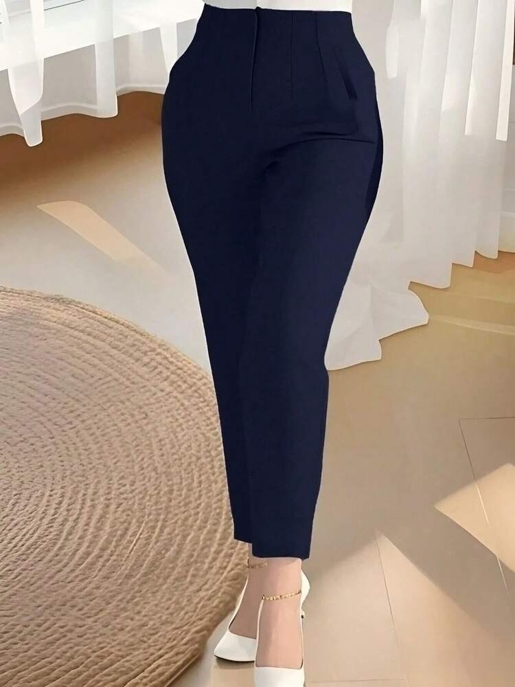 Women's Solid Color Waist-Cinching Slim-Fit Ankle Pants For Office Wear - Navy Blue - View 3