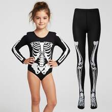 Disfraz De Calavera Niña + Mallas De Calavera, Grueso, Body - Blanco y Negro - Ver 11