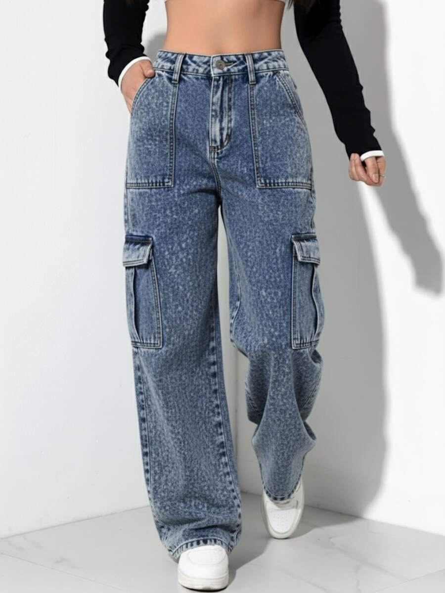 Milimetrica Premium Comfortable Wide Leg Cargo Jeans - Carga veteada - Ver 1