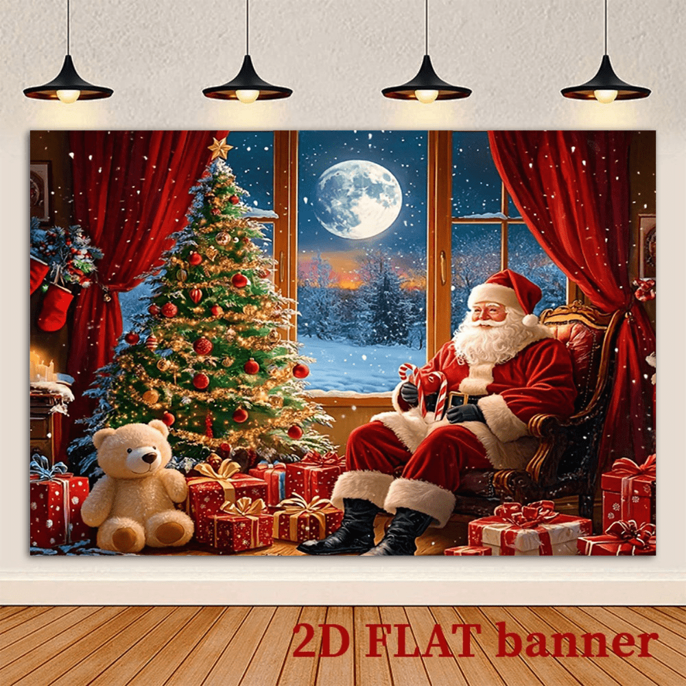 1pc Flag Christmas Photography Background, Santa Claus With Trees And Gift Design, Polyester, No Power Required, Holiday Party Flag Decoration, Party Flag