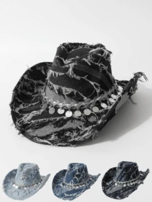 1 peça chapéu jeans vintage desbotado feminino, chapéu de cowboy jeans, chapéu de jazz, chapéu panamá, adequado para festivais de música, eventos temáticos de cowboy do oeste, festas retrô, cosplay, noites de fantasia, bailes de fim de ano, despedidas de solteiro, comemorações de aniversário, apresentações no palco, todas as estações - cartola - Ver 6