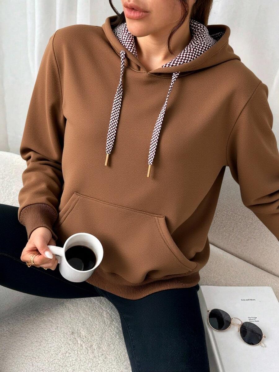 Suéter de capucha suelta para mujeres - suéter de estilo universitario de ocio, diseño de bolsa delantera, adecuado para primavera, verano y otoño, suéter lavado a máquina, se puede combinar con ropa diaria y actividades al aire libre, estilo de moda callejera, tela transpirable, material suave, amantes de la moda - Café ligero - Ver 1
