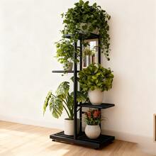 4 Tier Plant Stand -With Wheels  Practical And Durable Plant Stand - Indoor And Outdoor Metal 4 Tier 5 Basin Multi-Pot Planter Rack Shelf Flower Pot Display Rack, You Can Use This Plant Stand To Display Plants, Flowers And So On, It's Very Sturdy And Durable. Grid Layout, Even Load Bearing, Not Easy To Deform, Suitable For Courtyard Garden Corner Balcony Living Room - màu đen - Xem 2