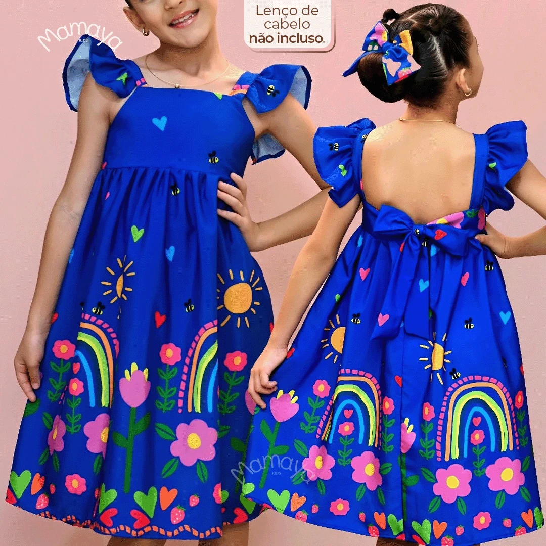 Vibrant Blue Hemmed Dress For Girls - 藍色 - 查看 1