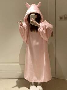女士冬季法兰绒睡袍睡衣 - 舒适俏皮设计，秋冬珊瑚绒加厚法兰绒浴袍，冬季连帽睡衣，可爱家居服 - 彩色 - 查看 3