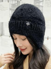 Women's New Knitted Beanie Hat, Autumn/Winter Furry Ear Warmer Hat, Korean Fashion Black Color Casual Polyester Embroidered Snowflake Skull Cap Winter New Unisex Snowflake Logo Thermal Lined Thick Soft No Brim Knitted Cap, Outdoor Cycling Sport Ear Warmer Hat, Windproof Cold-Proof Headwear, Thermal Beanie - Multicolor - View 2