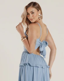 Vestido Chemise Tricoline Curto Social Elegante - Azul - Visão 4