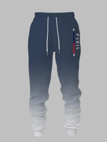 [2-Piece Set] Lightweight Polyester Men's Fall & Winter Casual Sport Hoodie And Joggers Set(Runs Small, Please Refer To Size Chart) – Navy Blue To Gray Gradient With "Paris" Graphic Print, Fleece-Lined Hooded Sweatshirt And Drawstring Pants For Daily Wear, Street Style, Lounging, Outdoor Activities & Cozy Stylish Looks(Minor Imperfections May Occur | Photo For Compensation) - 藍白色 - 查看 5