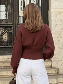 Burgundy Deep V Neck Knit Cardigan For Women, Button Front Fitted Cropped Knit Top Casual Street Style Sweater - Coffee Brown - View 3