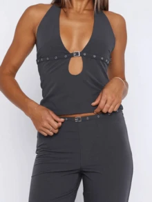 Women Halter Top, Sleeveless Tops Backless Hollowed Slim Summer Vest For Club Party - 灰色 - 查看 3