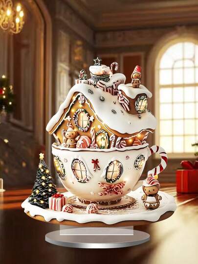 波西米亚风格亚克力姜饼屋杯标牌和牌匾 - 圣诞节桌面装饰，多用途，无文字，适合家庭、咖啡厅、办公桌、卧室装饰艺术