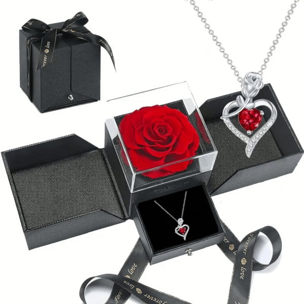Caja de regalo con flor de rosa, collar y aretes con forma de corazón de rosa, elegante set de 2 piezas, regalo para mamá, amiga, esposa, amante, mejor amiga, novia, San Valentín, boda, fiesta, Día de la Madre, Navidad, cumpleaños, Acción de Gracias