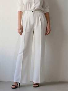 Women's Casual Commuter Solid Color Slant Pocket Straight Leg Pants, Suitable For Office White Spring - White - View 4