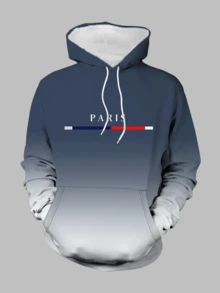 [2-Piece Set] Lightweight Polyester Men's Fall & Winter Casual Sport Hoodie And Joggers Set(Runs Small, Please Refer To Size Chart) – Navy Blue To Gray Gradient With "Paris" Graphic Print, Fleece-Lined Hooded Sweatshirt And Drawstring Pants For Daily Wear, Street Style, Lounging, Outdoor Activities & Cozy Stylish Looks(Minor Imperfections May Occur | Photo For Compensation) - 藍白色 - 查看 4
