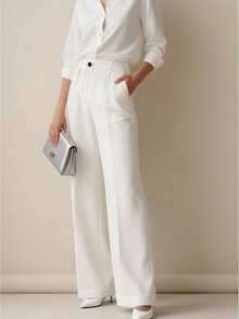 Women's Casual Commuter Solid Color Slant Pocket Straight Leg Pants, Suitable For Office White Spring - White - View 2
