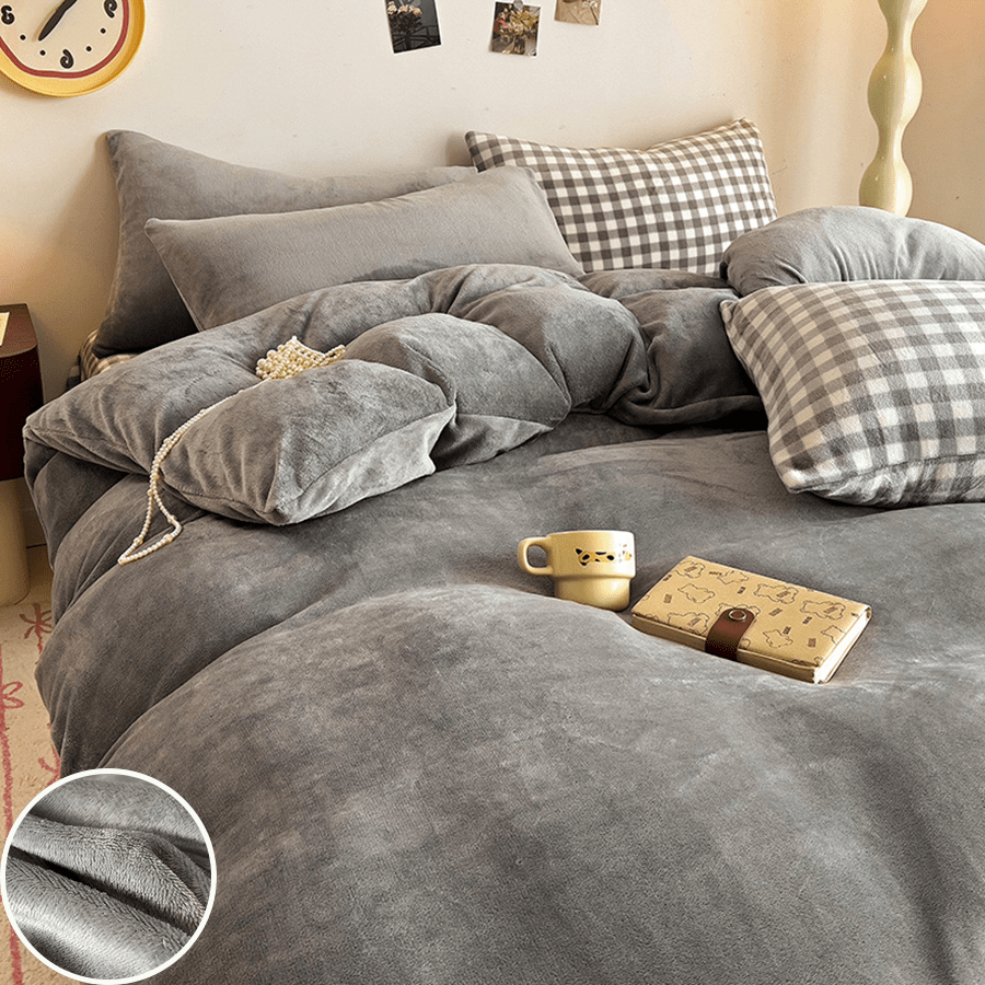 1 Set de 3 piezas Juego de Funda Nórdica de Terciopelo de Leche (1 Funda Nórdica + 2 Fundas de Almohada, Edredón/Relleno de Almohada No Incluidos), Gris Simple, Grueso y Cálido, Lavable a Máquina, 180gsm, Lazos en las Esquinas de la Funda Nórdica, Tamaño Individual/Doble