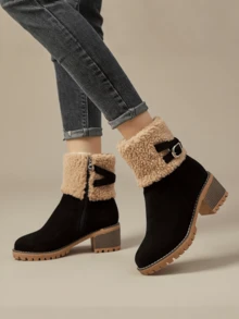 Winter Faux Fur Snow Boots For Women Platform Block Chunky Heels Side Zipper Comfortable Outdoor Suede Warm Boots - 黑A - 查看 3