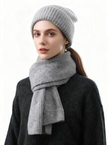 2件套翻边针织帽，简约纯色宽松大帽+围巾，保暖护耳羊毛帽，男女皆宜，适合秋冬、夏季、海滩穿着 - 2pcs - 查看 24
