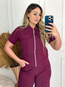 Set Of Short Sleeve Blouse With Front Zipper And Details And Wide Leg Pants With Side Pockets And Drawstring, In Premium Viscose Knit - Women's 2-Piece Set, Palazzo Pants, Elegant, Loose, Cotton, Burgundy - 紫紅色 - 查看 3