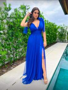 Long Dress With Slit Graduation Wedding Guest Bridesmaid With Sparkle - 寶藍色 - 查看 1