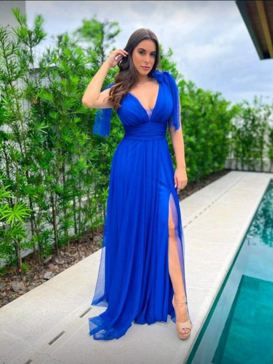 Long Dress With Slit Graduation Wedding Guest Bridesmaid With Sparkle - 寶藍色 - 查看 1