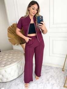 Set Of Short Sleeve Blouse With Front Zipper And Details And Wide Leg Pants With Side Pockets And Drawstring, In Premium Viscose Knit - Women's 2-Piece Set, Palazzo Pants, Elegant, Loose, Cotton, Burgundy - 紫紅色 - 查看 5