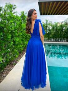 Long Dress With Slit Graduation Wedding Guest Bridesmaid With Sparkle - 寶藍色 - 查看 2