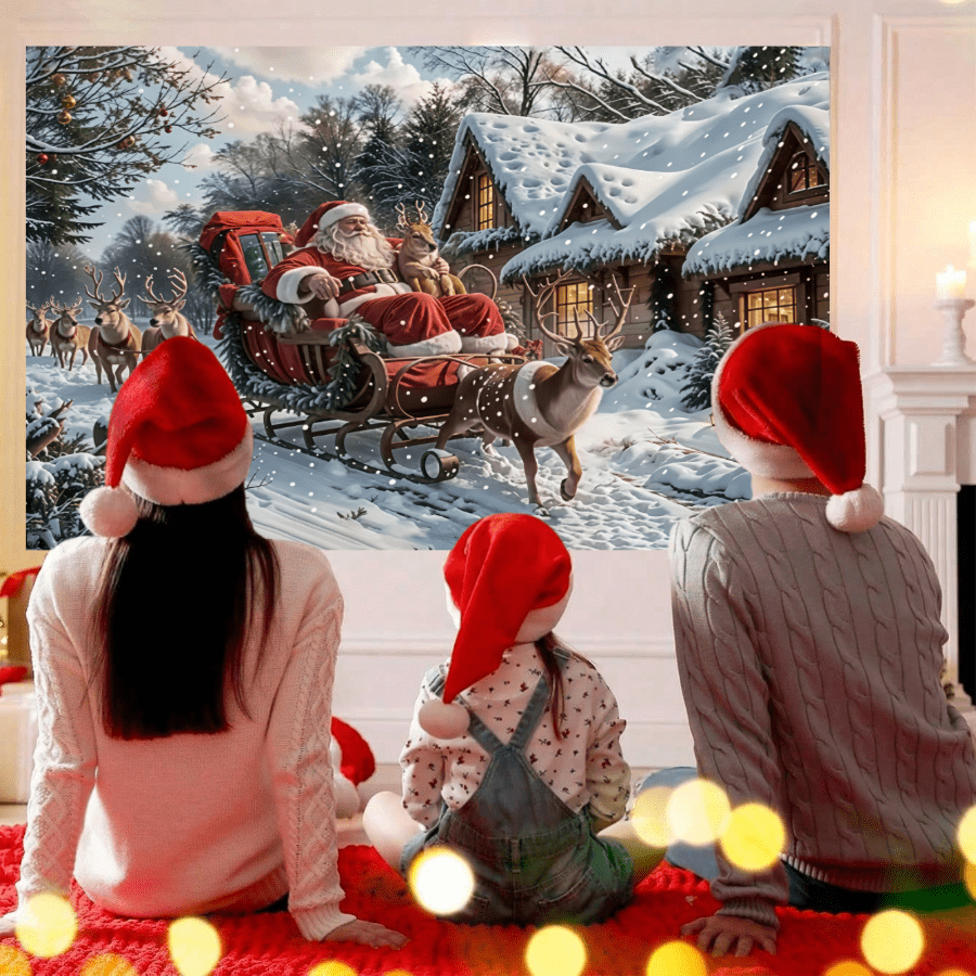 1 Stück, 2D flach, Weihnachtsmann Hintergrund, Polyestermaterial, Weihnachtsmann, Rentier Schlitten, Weihnachtsparty Zubehör, Feiertags-Party, Weihnachtsdekoration für Zuhause, Garten, Terrasse, Innen-/Außenvorhang Dekoration, Outdoor-Aktivitäten, Themenparty, Feiertags-Feier und Fotorequisiten, Weihnachtsdekoration